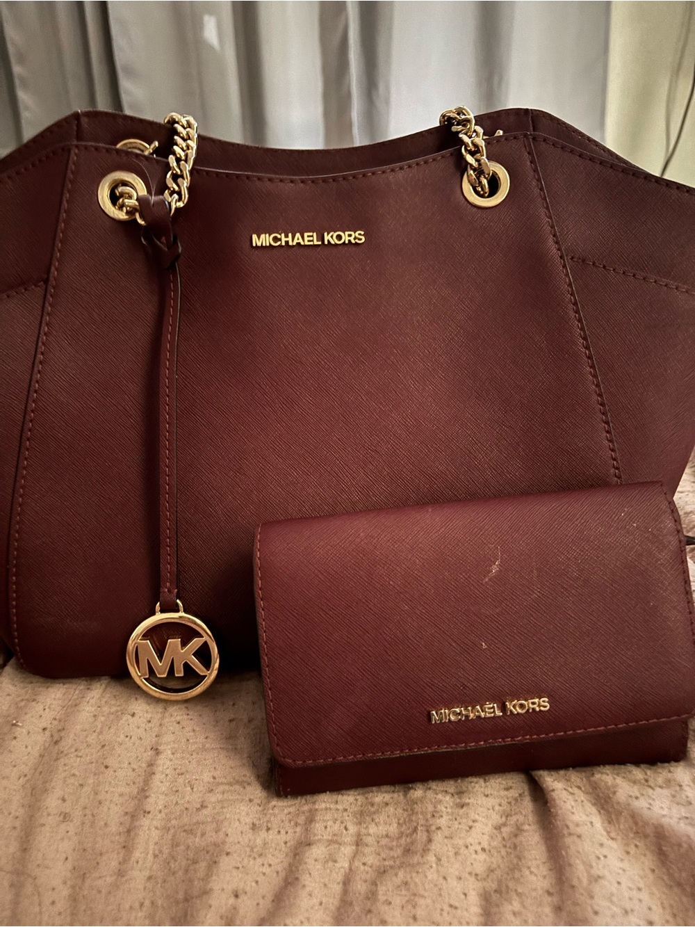Michael Kors Wine Saffiano Leather Tote with Matching Wallet